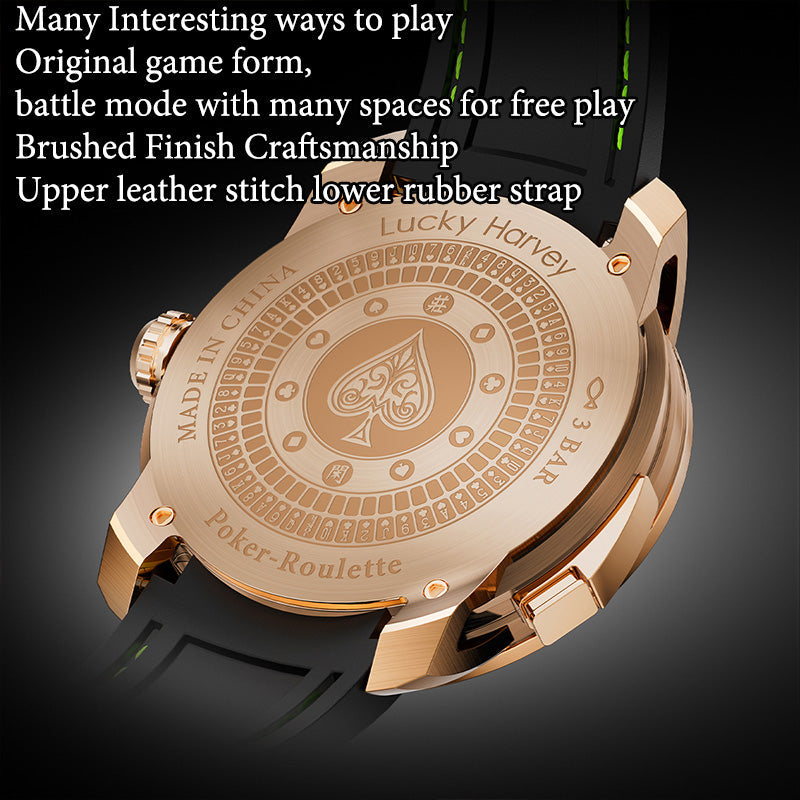 Lucky Harvey ZLS302-2 rose gold caseback engraved with spade emblem and Poker-Roulette inscription