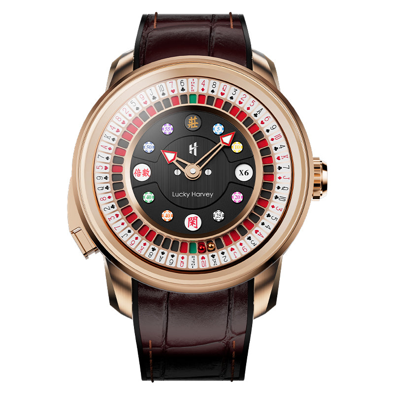 Lucky Harvey ZLS302-2 Poker Roulette automatic watch with rose gold case and black dial, front view