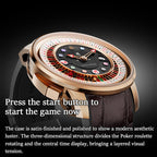 Lucky Harvey ZLS302-2 rose gold poker roulette watch shown from the side highlighting the satin-finished case