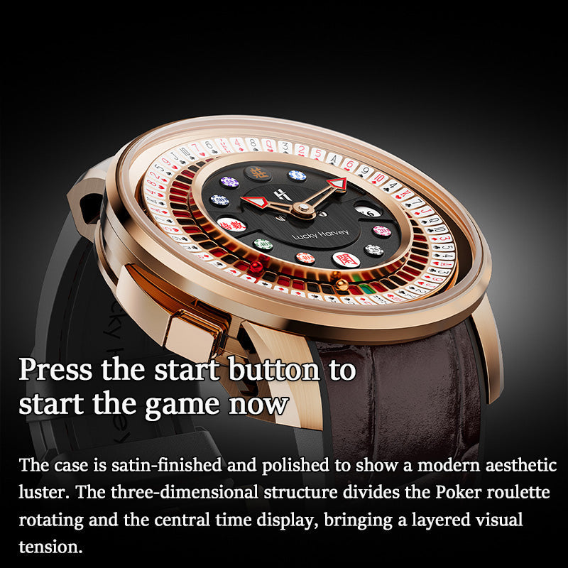Lucky Harvey ZLS302-2 rose gold poker roulette watch shown from the side highlighting the satin-finished case