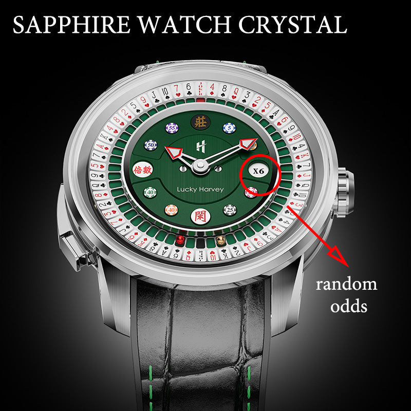 Lucky Harvey ZLS302-2 silver case green dial poker roulette watch showing sapphire crystal and X6 random odds