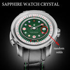 Lucky Harvey ZLS302-2 silver case green dial poker roulette watch showing sapphire crystal and X6 random odds