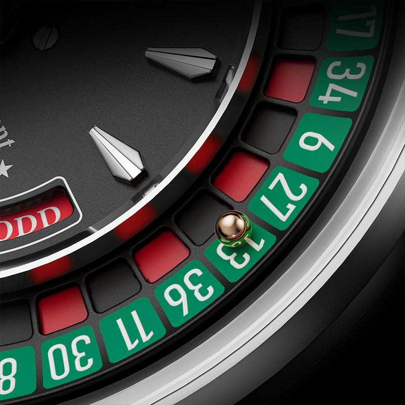 Lucky Harvey ZLS303-1 dial close-up with red and green roulette wheel numbers and ODD indicator