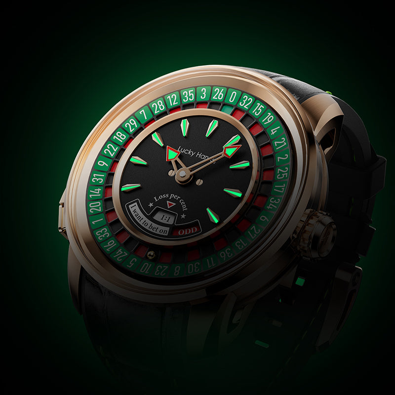 Lucky Harvey ZLS303-1 European Roulette automatic watch glowing green lume markers in the dark