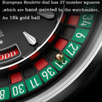 Lucky Harvey ZLS303-2 European Roulette dial close-up showing hand-painted numbers and 18k gold ball