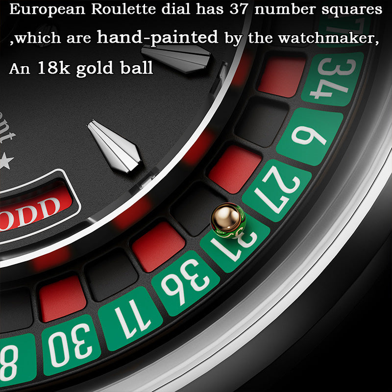 Lucky Harvey ZLS303-2 European Roulette dial close-up showing hand-painted numbers and 18k gold ball