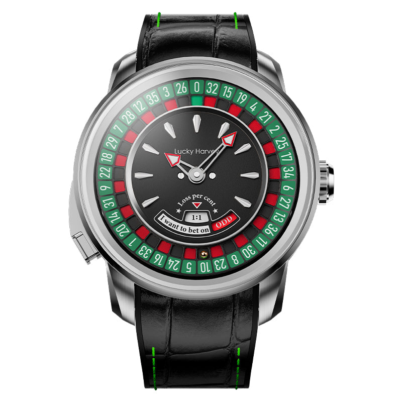 Lucky Harvey ZLS303-2 European Roulette automatic watch with black dial and silver case, front view
