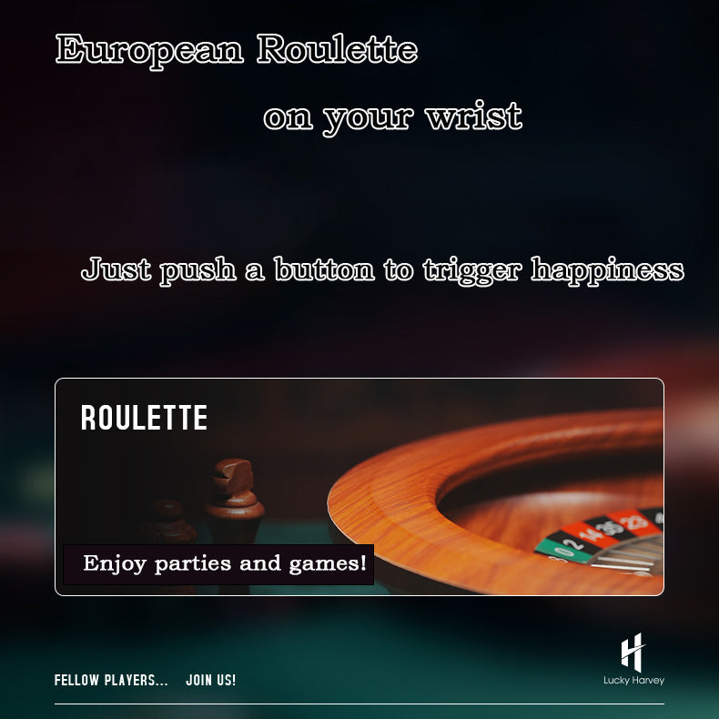 Lucky Harvey ZLS303-2 European Roulette watch lifestyle scene with roulette table and party tagline