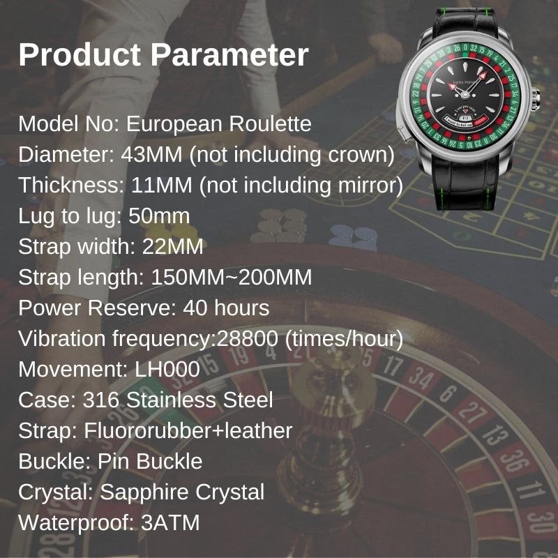Lucky Harvey ZLS303-2 European Roulette automatic watch product parameter spec sheet