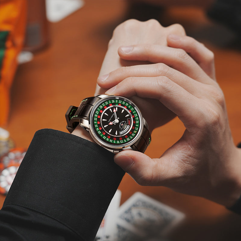 Lucky Harvey ZLS303-2 European Roulette automatic watch worn on wrist with playing cards and casino chips
