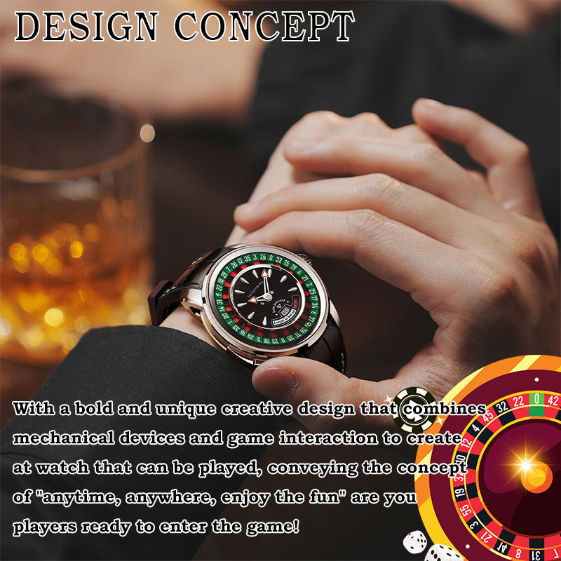 Lucky Harvey ZLS303-2 European Roulette automatic watch worn on wrist with whiskey glass design concept