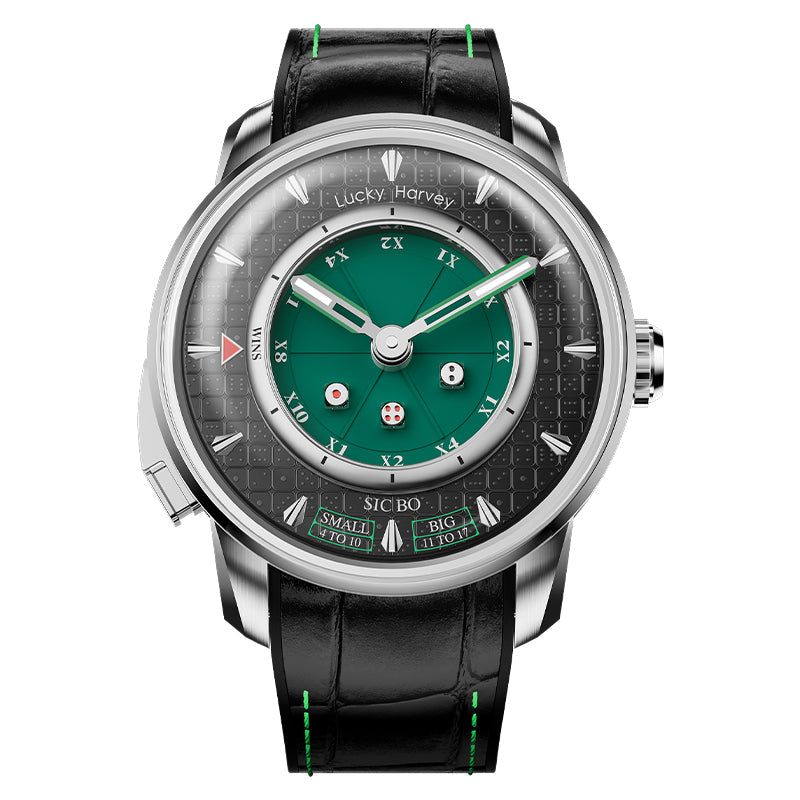 Lucky Harvey ZLS304-1 Sic Bo automatic watch with green dial and black leather strap, front view