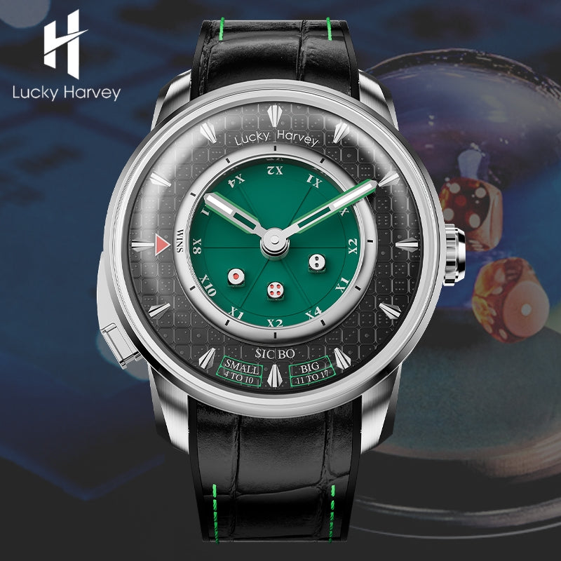 Lucky Harvey ZLS304-1 green Sic Bo automatic watch on branded background with logo and crystal ball dice scene