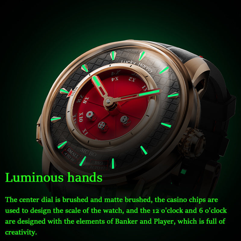 Lucky Harvey ZLS304-1 Sic Bo watch luminous hands and indices glowing green in the dark with red dial