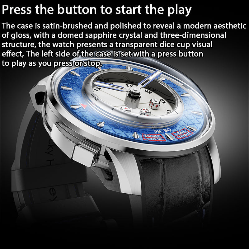 Lucky Harvey ZLS304-1 Sic Bo watch side angle showing left-side press button to start dice play