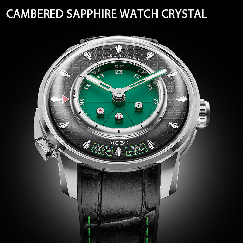 Lucky Harvey ZLS304-1 green Sic Bo automatic watch three-quarter side view highlighting cambered sapphire crystal