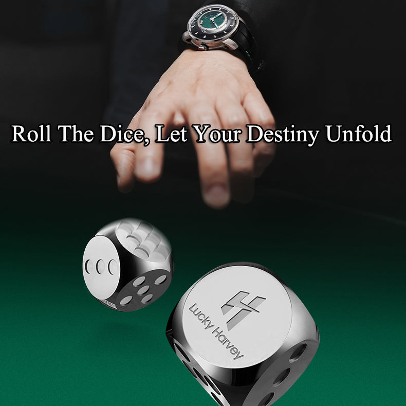Lucky Harvey ZLS304-1 Sic Bo watch lifestyle scene with hand rolling Lucky Harvey engraved silver dice