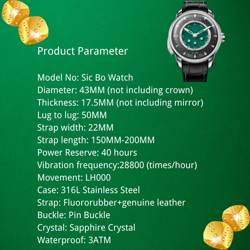 Lucky Harvey ZLS304-1 Sic Bo watch product parameter specs sheet with dimensions and movement details