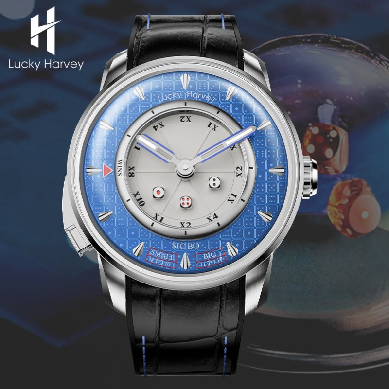 Lucky Harvey ZLS304-2 blue Sic Bo automatic watch with brand logo and casino dice backdrop