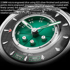 Lucky Harvey ZLS304-2 Sic Bo watch dial close-up showing micro-engraved silver dice on green dial