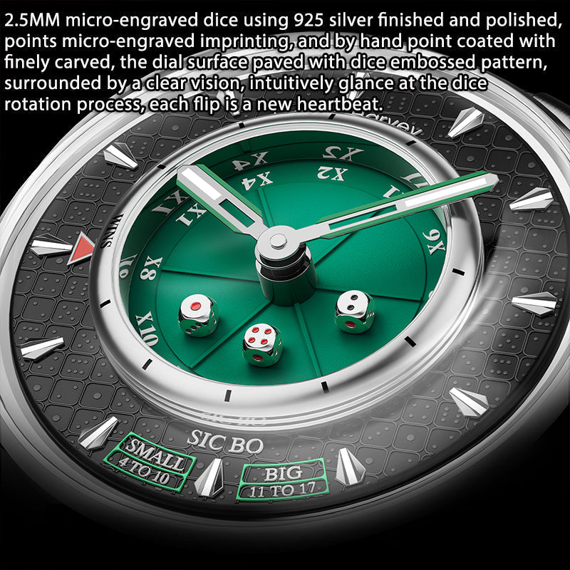 Lucky Harvey ZLS304-2 Sic Bo watch dial close-up showing micro-engraved silver dice on green dial