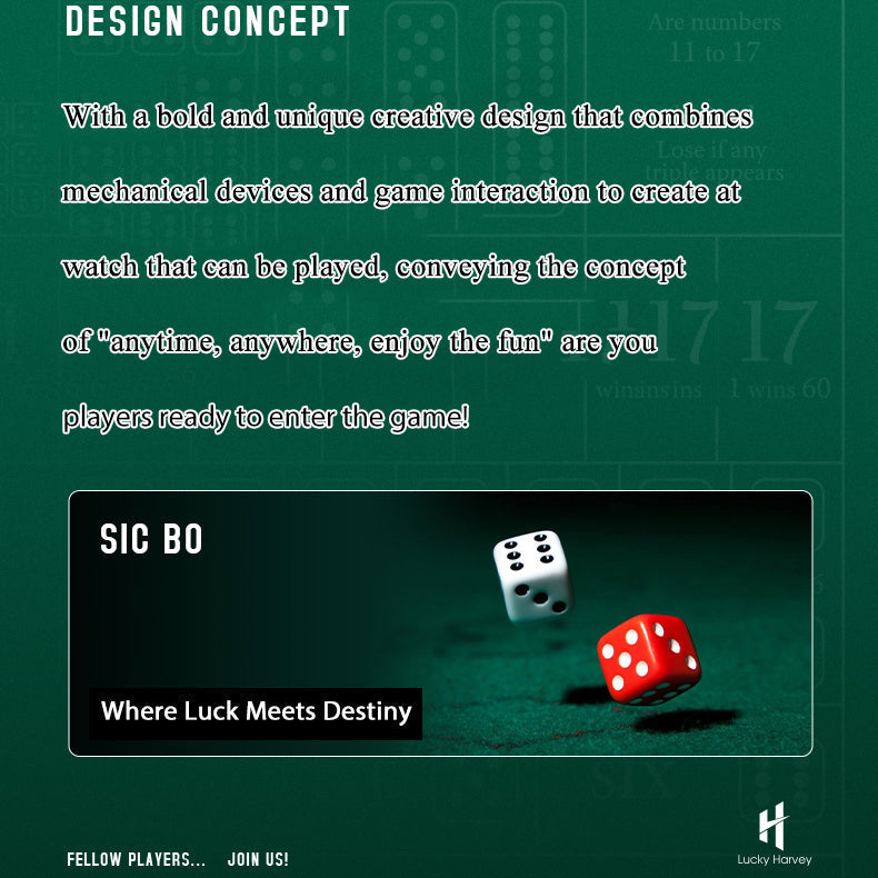 Lucky Harvey ZLS304-2 Sic Bo watch design concept panel with red and white dice on green table