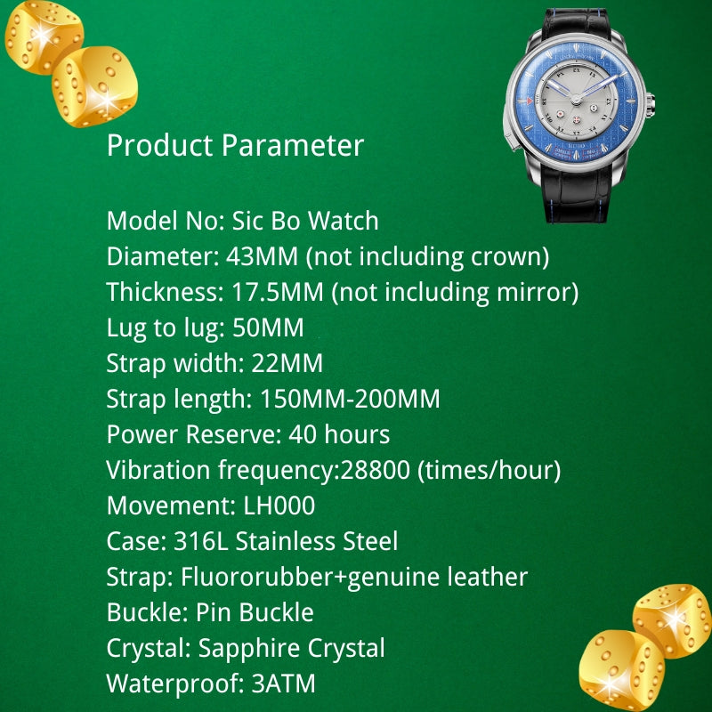 Lucky Harvey ZLS304-2 Sic Bo watch product parameter spec sheet with dimensions and movement details