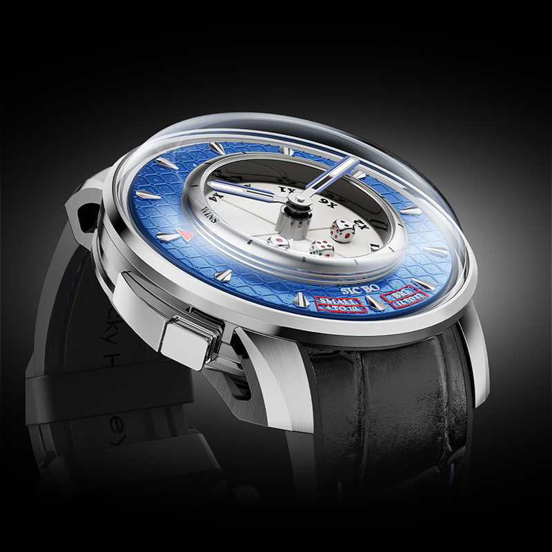 Lucky Harvey ZLS304-3 Sic Bo automatic watch with blue dial and silver case, three-quarter side view