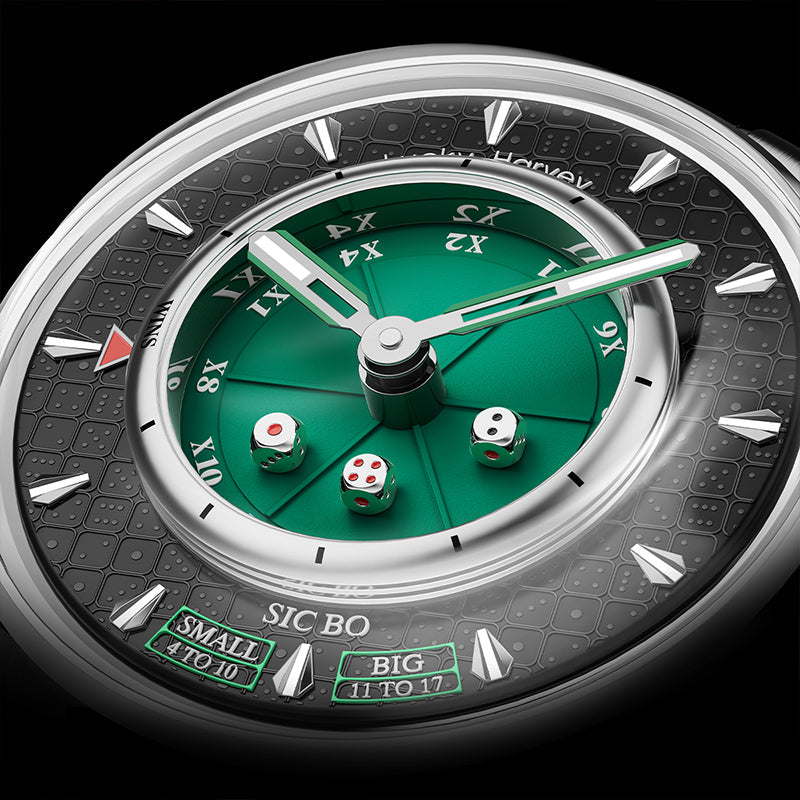 Lucky Harvey ZLS304-3 Sic Bo automatic watch close-up of green dial with miniature dice and indices