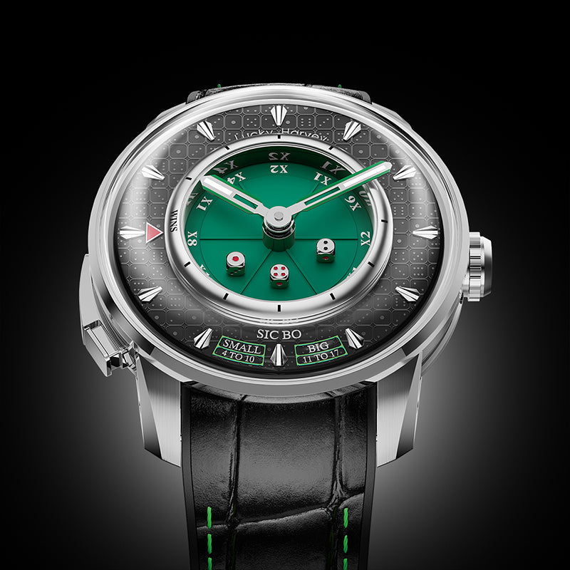 Lucky Harvey ZLS304-3 Sic Bo automatic watch with green dial and silver case on dark backdrop