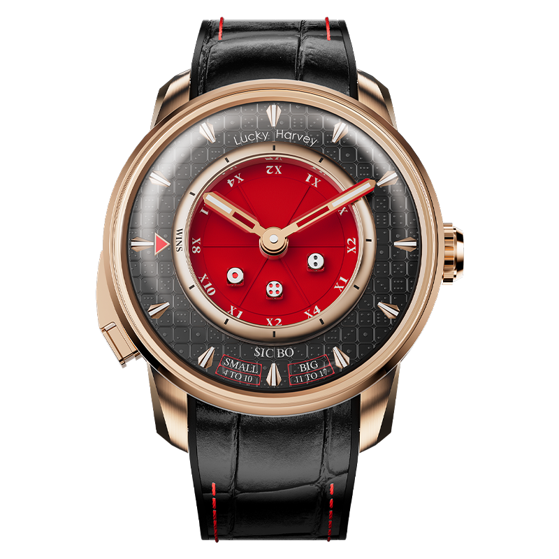 Lucky Harvey ZLS304-3 Sic Bo automatic watch with red dial and rose gold case, front view