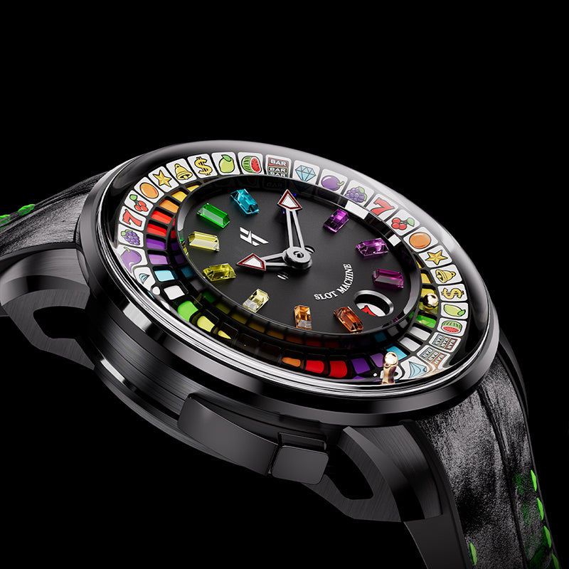 Lucky Harvey ZLS305-2 slot machine watch angled profile view showing gemstone dial
