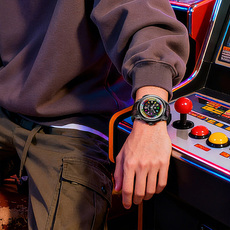 Lucky Harvey ZLS305-2 slot machine watch worn on wrist at arcade game machine