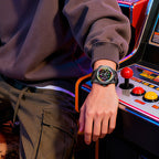 Lucky Harvey ZLS305-2 slot machine watch worn on wrist at arcade game machine