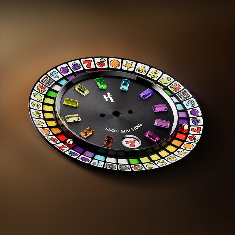 Lucky Harvey ZLS305-2 slot machine watch dial and bezel ring detail with gemstone markers