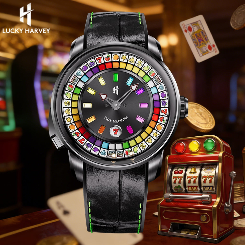 Lucky Harvey ZLS305-2 slot machine watch in casino lifestyle scene with cards and coins