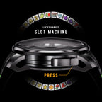 Lucky Harvey ZLS305-2 slot machine watch crown close-up with PRESS callout label