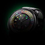 Lucky Harvey ZLS305-2 slot machine watch with gemstone dial in green glow lifestyle scene