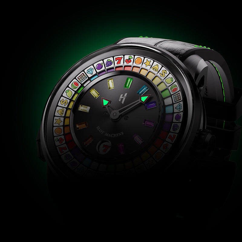Lucky Harvey ZLS305-2 slot machine watch with gemstone dial in green glow lifestyle scene