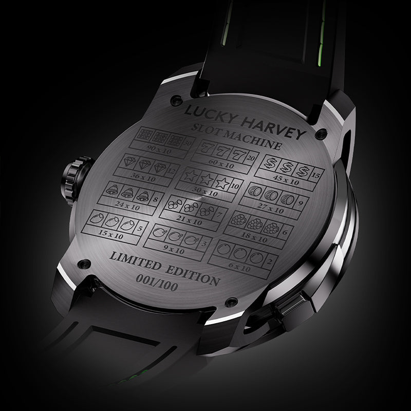 Lucky Harvey ZLS305-2 watch caseback engraved with slot machine paytable and limited 001/100