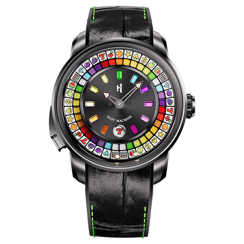 Lucky Harvey ZLS305-2 slot machine watch with black gemstone dial, front view