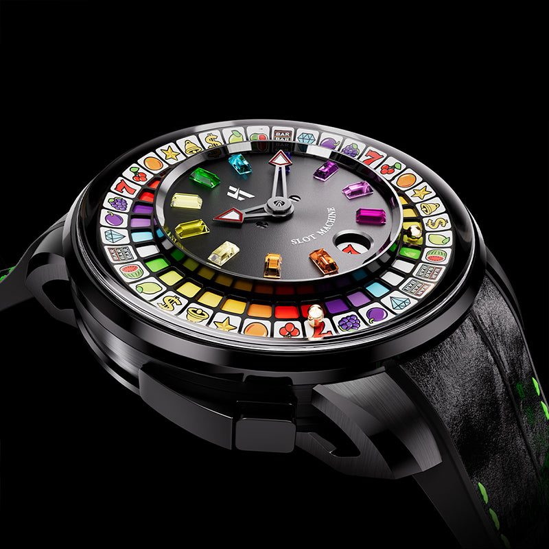 Lucky Harvey ZLS305-2 slot machine watch three-quarter angled side view on black