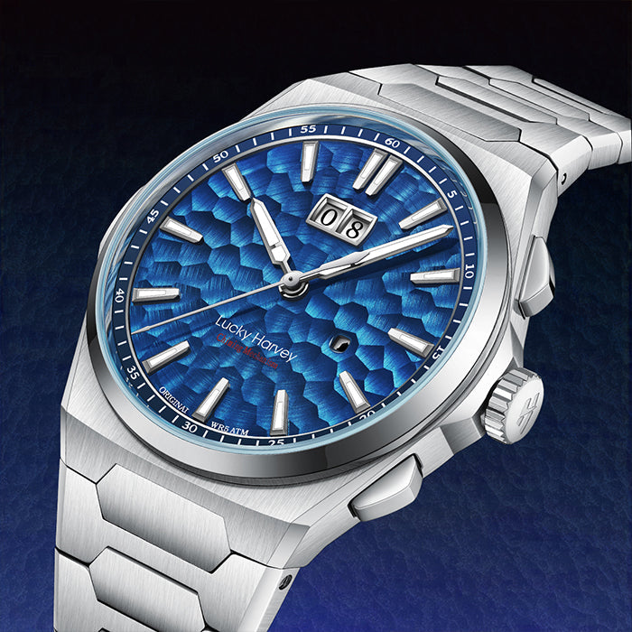 Lucky Harvey ZLS402-1 hammered ocean blue dial close-up with big date and Lucky Harvey logo
