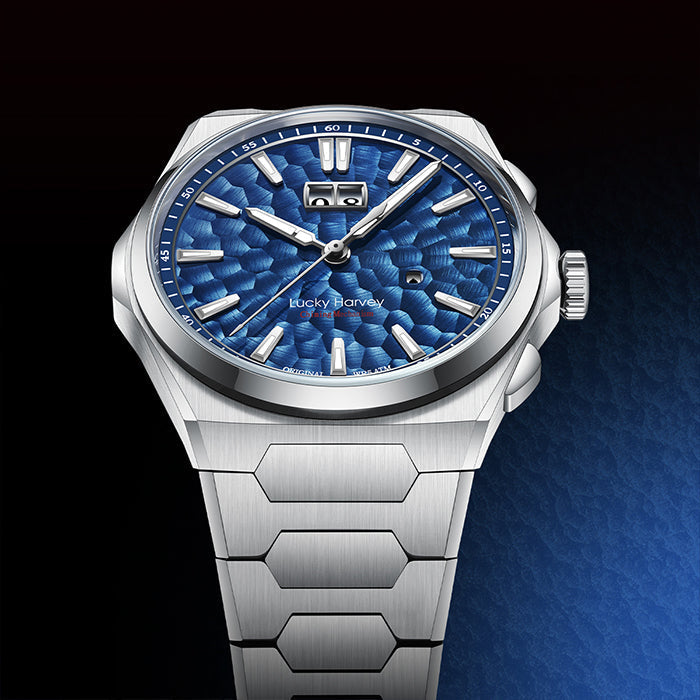 Lucky Harvey ZLS402-1 ocean blue dial with hammer texture pattern and crown detail