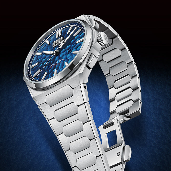 Lucky Harvey ZLS402-1 stainless steel bracelet with folding clasp and ocean blue dial