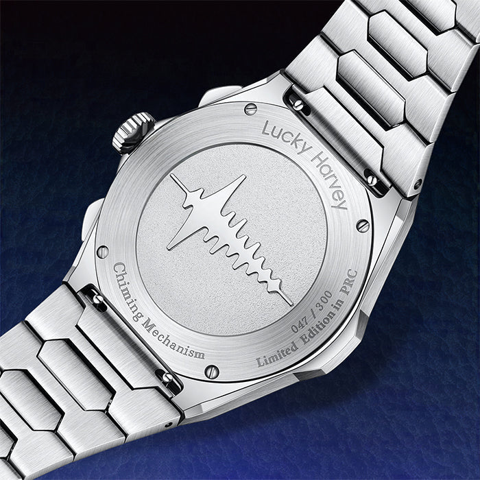 Lucky Harvey ZLS402-1 caseback with engraved sound wave chiming mechanism limited edition mark