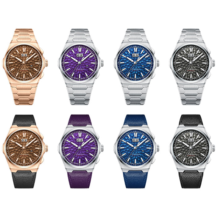 Lucky Harvey ZLS402 hammer chiming watch full color lineup with bracelet and leather strap variants