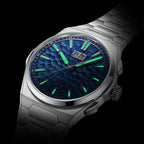 Lucky Harvey ZLS402-1 ocean blue chiming watch with green lume markers glowing in the dark