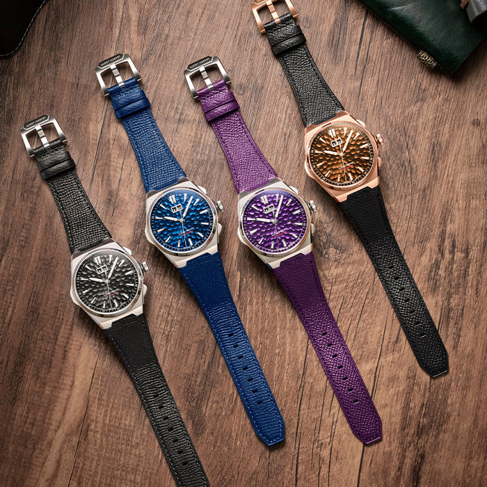 Lucky Harvey ZLS402 series watch lineup with brown, blue, purple, and black hammer dials