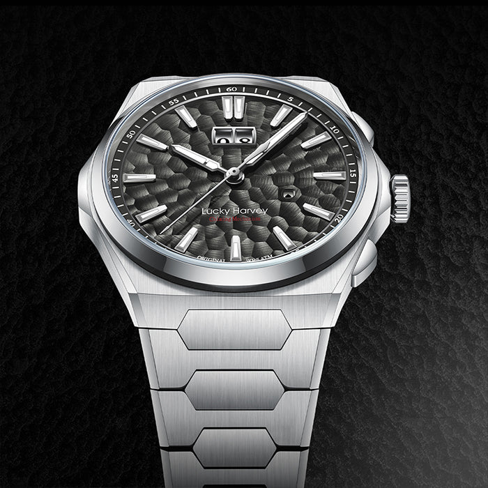 Lucky Harvey ZLS402-2 black hammer chiming watch angled view with crown detail on dark background